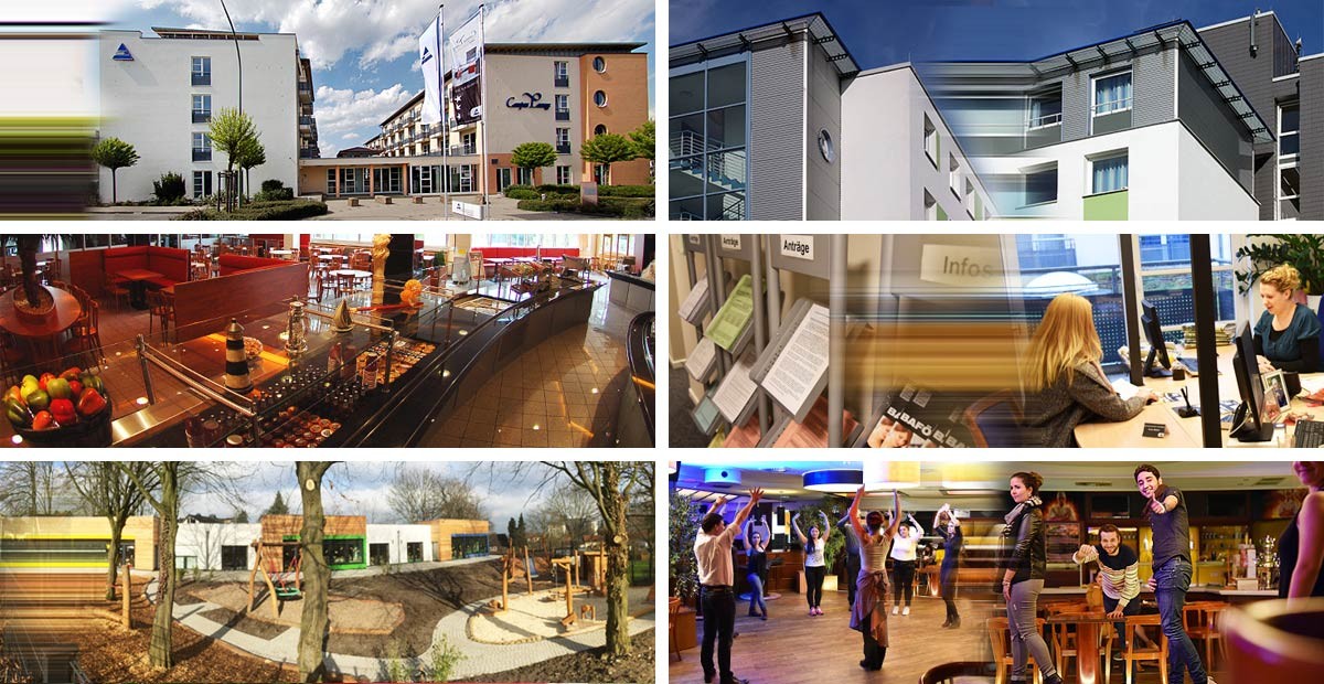 Paderborn Student Services - six pictures depicting the administration building, student housing, a residence hall, the student cafeteria, daycare center, students dancing in a cafeteria
