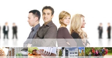 Bielefeld Student Services, a collage with pictures of four students, banknotes and coins, a steak, three residence halls and children playing on a swing