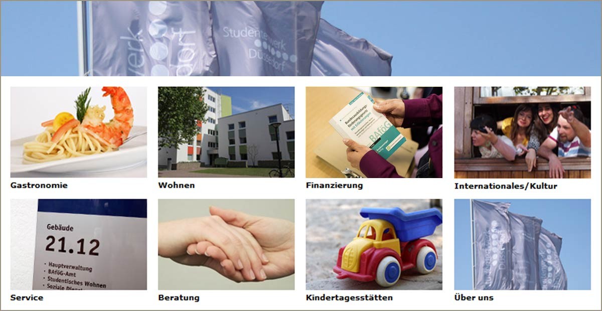 Düsseldorf Student Services, the photo collage shows a flag, a shrimp on a plate, a residence hall, a book, students looking out of a window, a nameplate, intertwined hands, a toy car and three flags.