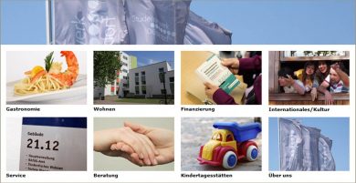 Düsseldorf Student Services, the photo collage shows a flag, a shrimp on a plate, a residence hall, a book, students looking out of a window, a nameplate, intertwined hands, a toy car and three flags.