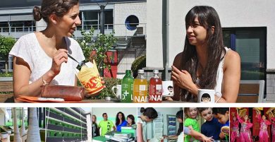 Essen-Duisburg Student Services, the collage shows photographs of two young women eating a snack in the sun, a residence hall, a four-member counseling team, students, children at play and dancers dressed in red.