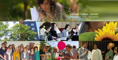 Cologne Student Services, a collage comprised of seven pictures showing a woman sitting on grass, a residence hall, students in the cafeteria, a sunflower, a team of counselors, children with a balloon and people of various nationalities at an event.