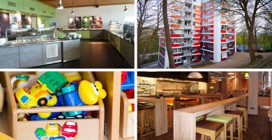 Siegen Student Services- Four pictures show a cafeteria, canteen, a residence hall, a box of toys from the day care center.