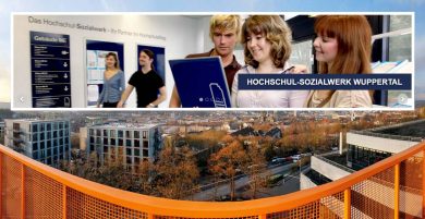 Rooftop view of the city of Wuppertal and a picture of three students using laptops inside a building.